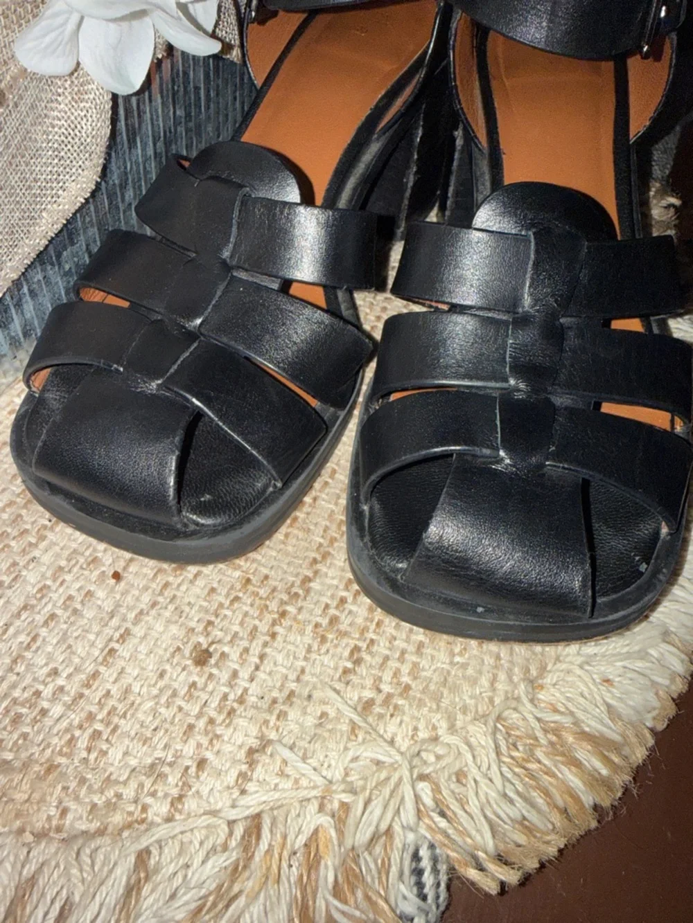 Zara Black Leather Strappy Block Heel Sandals size 38 or 8 - Picture 7 of 9